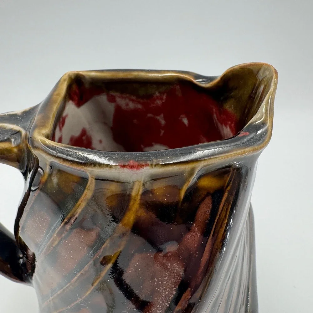 Studio Pottery Spiral Ribbed Pitcher Brown Tan Glossy Glaze Oxblood Red Interior